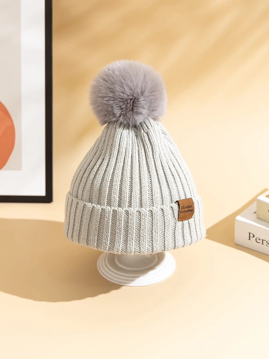 Pom Pom & Label Decor Beanie - Grey - View 1
