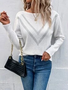 SHEIN LUNE 鋸齒圖案落肩袖套頭毛衣 - 白色 - 查看 2