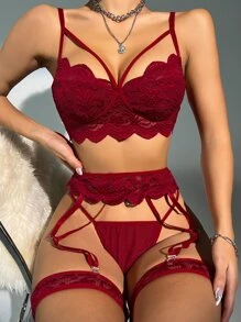 5pack Floral Lace Wireless Garter Lingerie Set - Burgundy - View 6