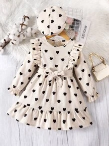 少女心印花荷葉邊荷葉袖束腰鹿皮紋連衣裙