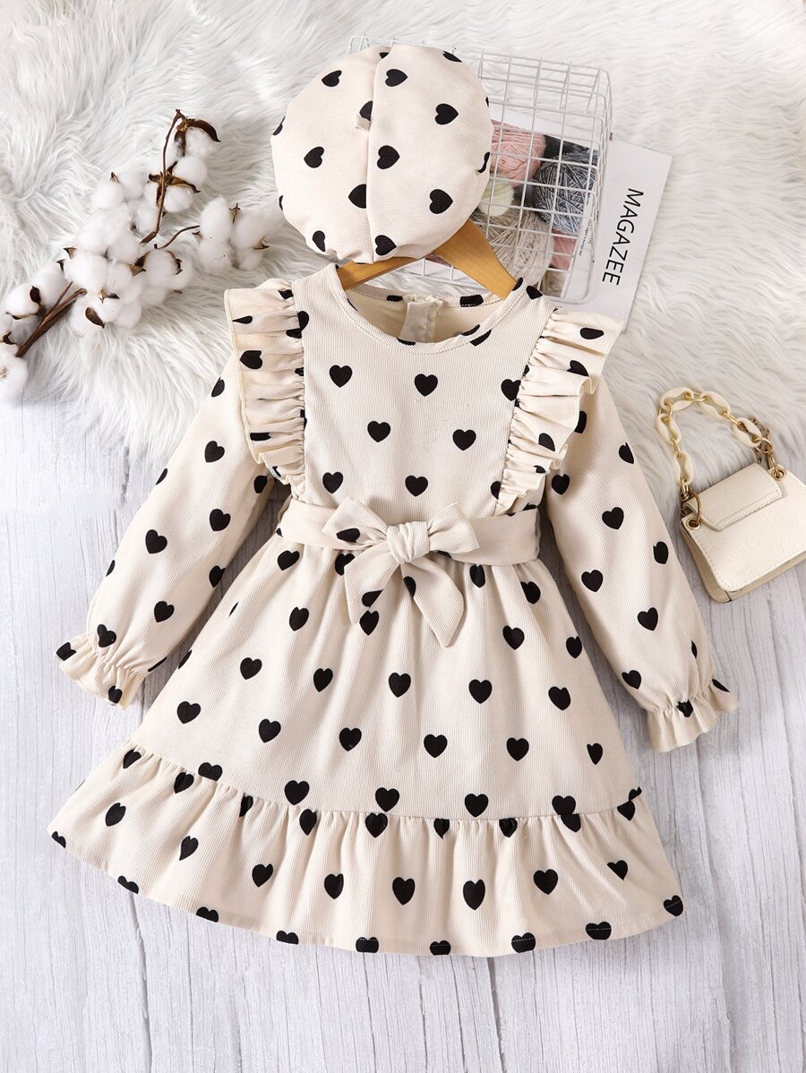 少女心印花荷葉邊荷葉袖束腰鹿皮紋連衣裙