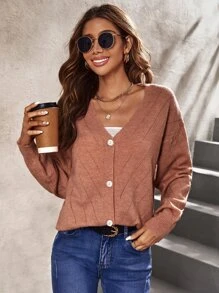 SHEIN Frenchy Drop Shoulder Pointelle Knit Cardigan - Khaki - View 1