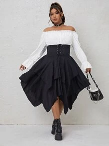 Flirla Plus Off Shoulder Lace Up Hanky Hem 2 In 1 Dress - Black and White - View 3