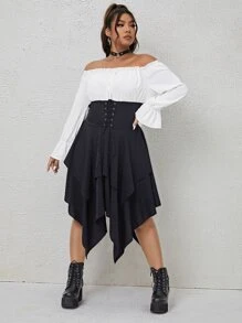 Flirla Plus Off Shoulder Lace Up Hanky Hem 2 In 1 Dress - Black and White - View 4