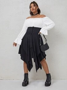Flirla Plus Off Shoulder Lace Up Hanky Hem 2 In 1 Dress - Black and White - View 5