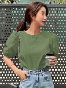 DAZY 鑽石扣後背泡袖上衣 - 綠色 - 查看 1