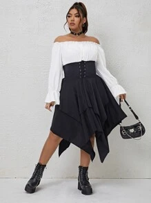 Flirla Plus Off Shoulder Lace Up Hanky Hem 2 In 1 Dress - Black and White - View 6