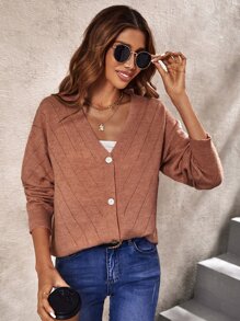 SHEIN Frenchy Drop Shoulder Pointelle Knit Cardigan - Khaki - View 4