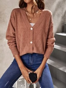 SHEIN Frenchy Drop Shoulder Pointelle Knit Cardigan - Khaki - View 5