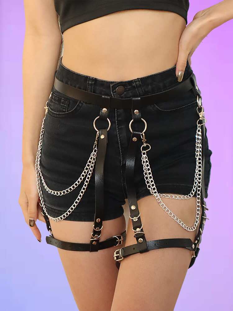 ROMWE Chain Decor Garter Belt - Black - View 1