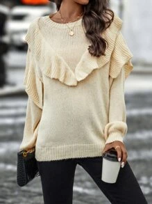 SHEIN Unity 素色荷葉邊套頭毛衣 - 杏色 - 查看 5