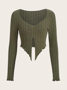 SHEIN ICON 頹廢搖滾前開叉木耳邊短款T恤 - 軍綠色 - 查看 1