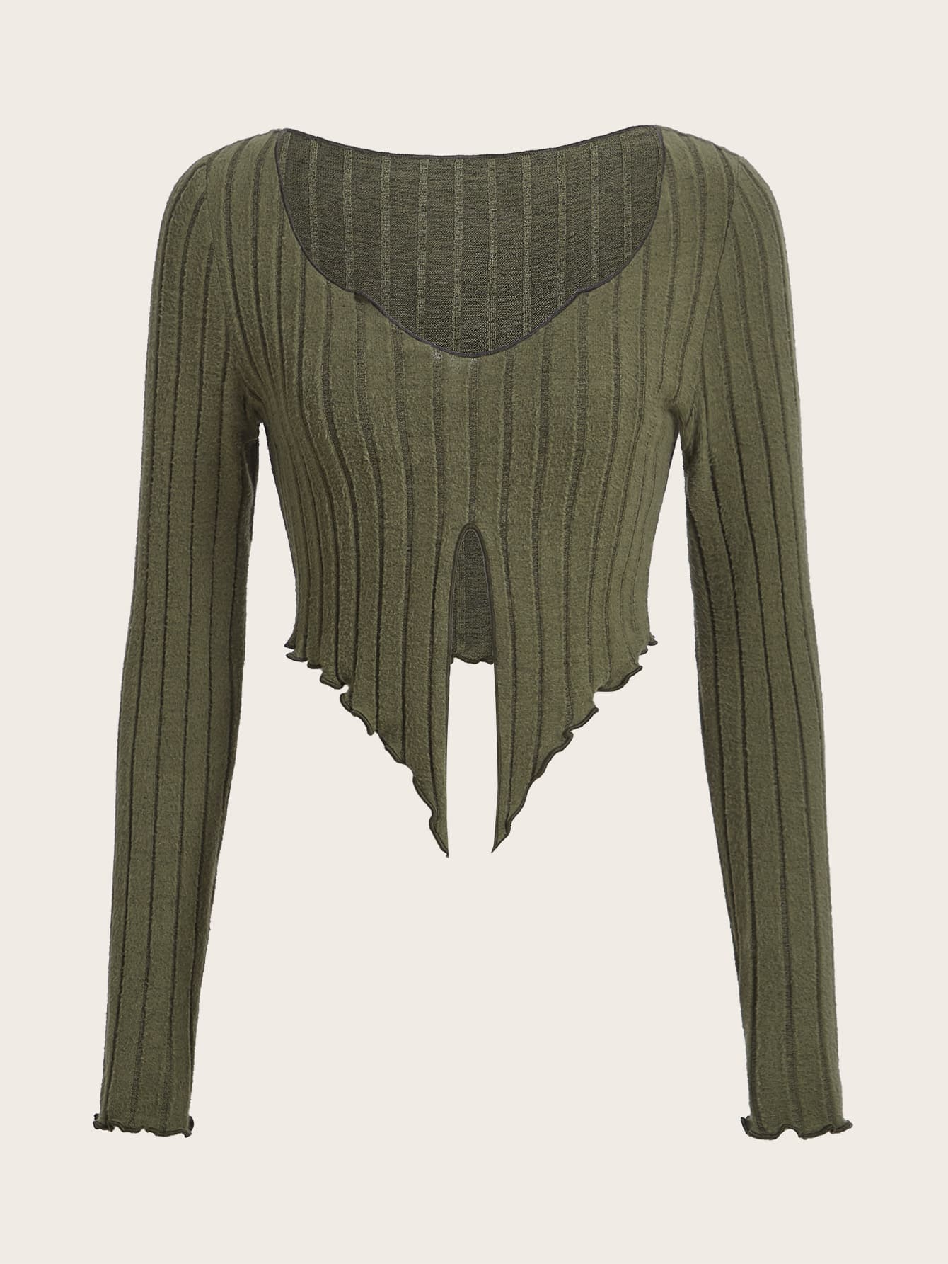 SHEIN ICON 頹廢搖滾前開叉木耳邊短款T恤 - 軍綠色 - 查看 1