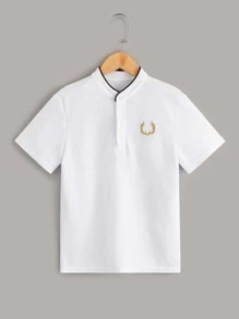 SHEIN Tween Boy Antler Embroidery Button Half Placket Polo Shirt - White - View 1