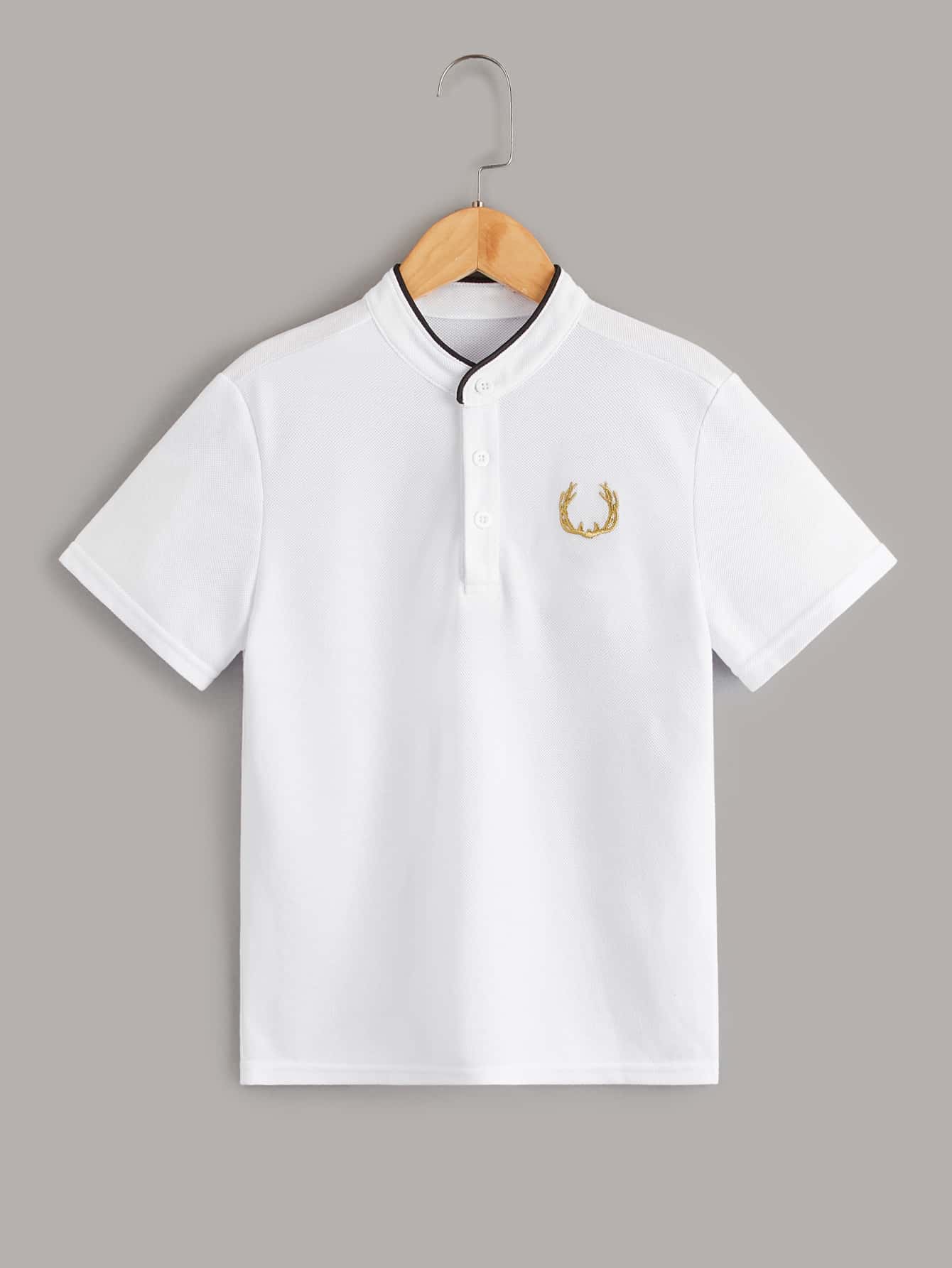 SHEIN Tween Boy Antler Embroidery Button Half Placket Polo Shirt - White - View 1