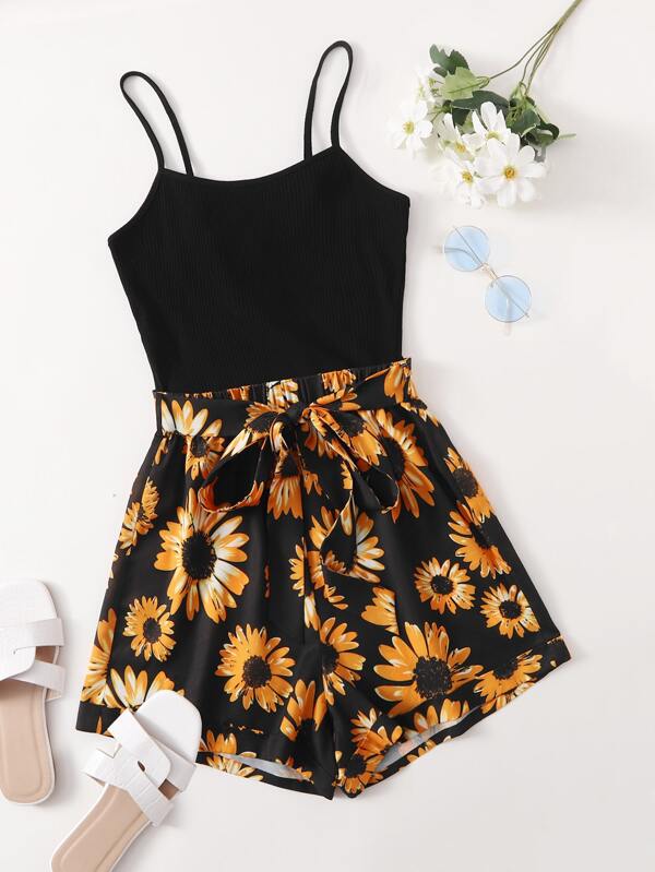 SHEIN VCAY Self Belted Sunflower Print Cami Romper