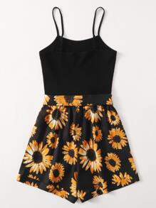 SHEIN VCAY Self Belted Sunflower Print Cami Romper - Multicolor - View 2