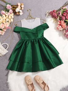SHEIN Two Layer Hem Cold Shoulder Flower Young Girl Dress - Green - View 1