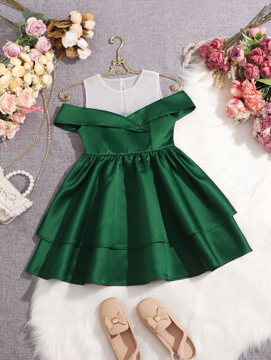 SHEIN Two Layer Hem Cold Shoulder Flower Young Girl Dress - Green - View 1