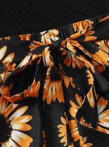 SHEIN VCAY Self Belted Sunflower Print Cami Romper - Multicolor - View 3