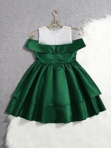 SHEIN Two Layer Hem Cold Shoulder Flower Young Girl Dress - Green - View 2