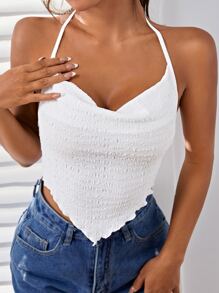 SHEIN BAE Áo hai dây Bất đối xứng Lộ Lưng Xù nhỏ Buộc lại màu trơn Gợi cảm - trắng - Xem 1