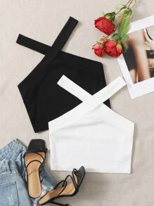 SHEIN EZwear Conjunto de ropa de verano 2 piezas con top corto de halter cruzado en la espalda - Blanco y Negro - Ver 2