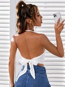 SHEIN BAE Áo hai dây Bất đối xứng Lộ Lưng Xù nhỏ Buộc lại màu trơn Gợi cảm - trắng - Xem 2