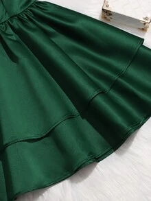 SHEIN Two Layer Hem Cold Shoulder Flower Young Girl Dress - Green - View 4