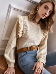 SHEIN Frenchy Áo len nữ Ngọc trai Xù màu trơn Giải trí - Màu be - Xem 1