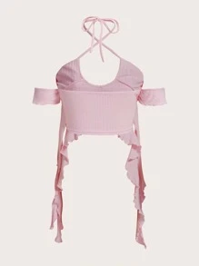SHEIN ICON Ruffle Trim Asymmetrical Hem Halter Neck Crop Top - Baby Pink - View 2