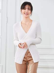 SHEIN Essnce Áo len Trọn gói màu trơn Giải trí - trắng - Xem 1