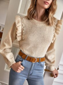 SHEIN Frenchy Áo len nữ Ngọc trai Xù màu trơn Giải trí - Màu be - Xem 3
