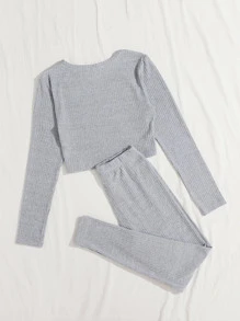 Muchica Rib-knit Top & Knot Waist Leggings Set - Light Grey - View 2