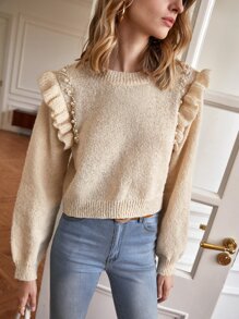 SHEIN Frenchy Áo len nữ Ngọc trai Xù màu trơn Giải trí - Màu be - Xem 4