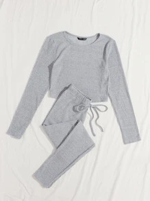 Muchica Rib-knit Top & Knot Waist Leggings Set - Light Grey - View 3