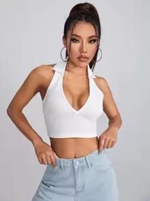 SHEIN Qutie Open Back Crop Halter Top - White - View 1