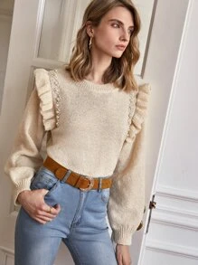 SHEIN Frenchy Áo len nữ Ngọc trai Xù màu trơn Giải trí - Màu be - Xem 5