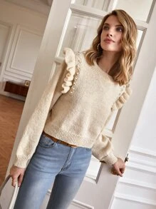 SHEIN Frenchy Áo len nữ Ngọc trai Xù màu trơn Giải trí - Màu be - Xem 6