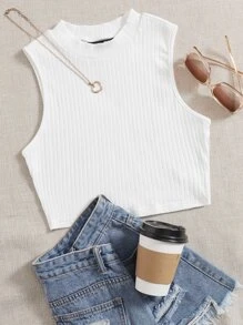 SHEIN EZwear Top de tirantes tejido de canalé unicolor - Blanco - Ver 1