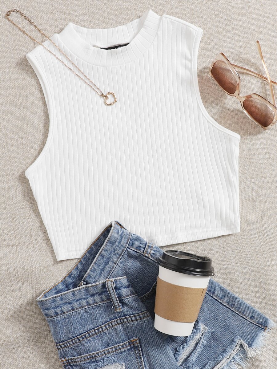 SHEIN EZwear Top de tirantes tejido de canalé unicolor - Blanco - Ver 1