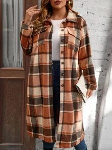 SHEIN LUNE Plus Flap Pocket Plaid Coat - Multicolor - View 1