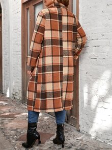 SHEIN LUNE Plus Flap Pocket Plaid Coat - Multicolor - View 2
