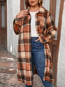 SHEIN LUNE Plus Flap Pocket Plaid Coat - Multicolor - View 3