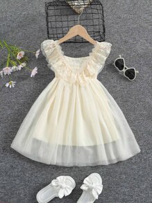 SHEIN 小女童荷葉邊蓬蓬洋裝 - 米色 - 查看 1