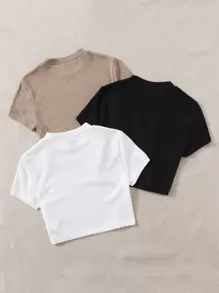 SHEIN EZwear Paquete de 3 camisetas de punto acanalado de unicolor para verano - Multicolor - Ver 2