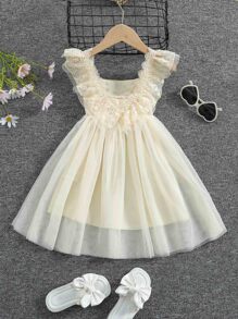 SHEIN 小女童荷葉邊蓬蓬洋裝 - 米色 - 查看 2