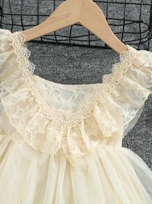 SHEIN 小女童荷葉邊蓬蓬洋裝 - 米色 - 查看 3