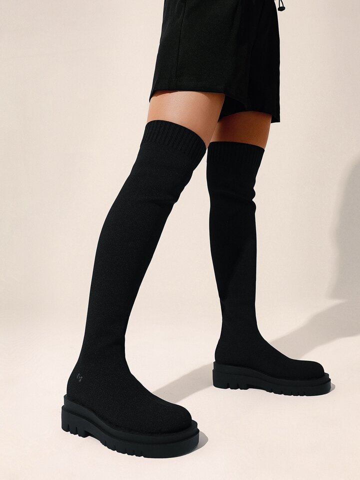 CUCCOO BASICS Women Shoes Black Fashion Slip On Stretch Boots Collection Over The Knee Sock Boots Vacation Shoes Summer Sale SHEIN