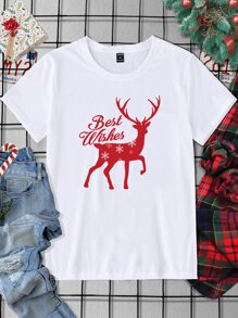 Manfinity 男士1入組聖誕麋鹿和標語圖案T恤 - 白色 - 查看 1